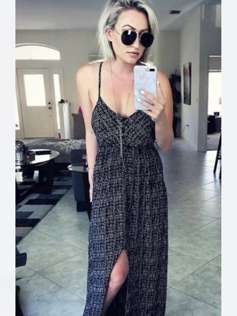 O'Neill Black White Mixed Crisscross Back Sleeveless Front Slit Maxi Dress Small